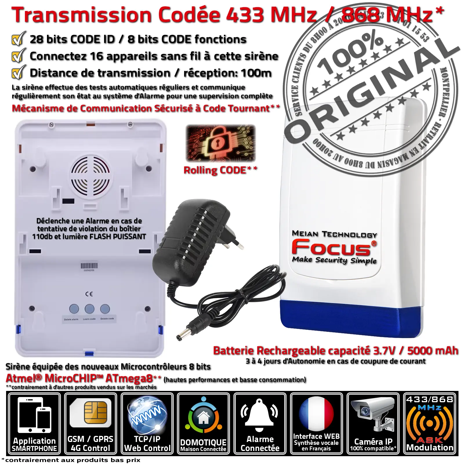 Sirène Meian MD-325R 868 MHz avec modulation ASK et code tournant sécurisé