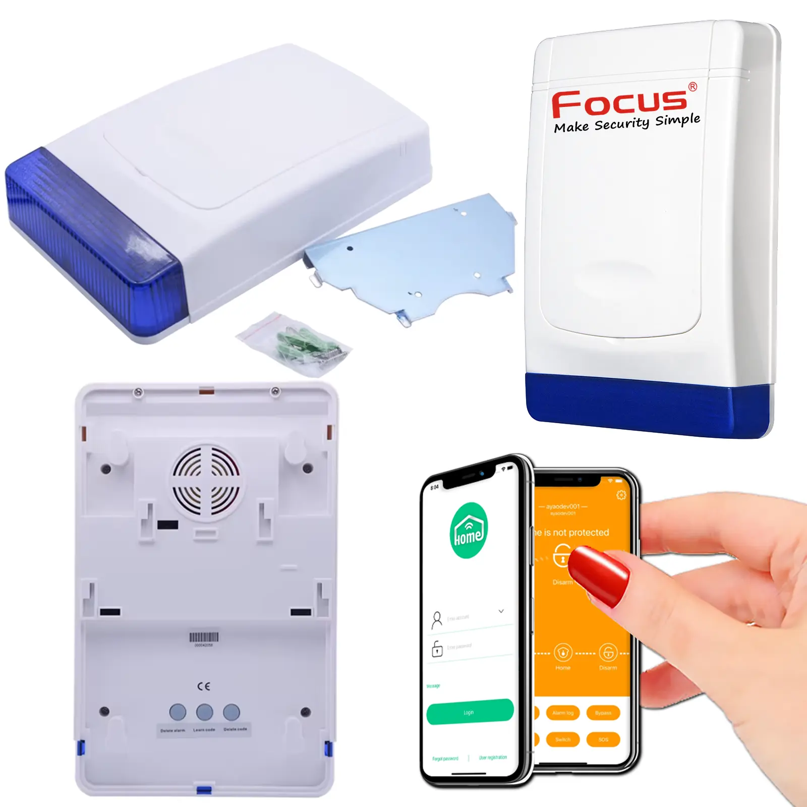 Sirène extérieure Meian MD-325R fixée sur mur de maison moderne connectée