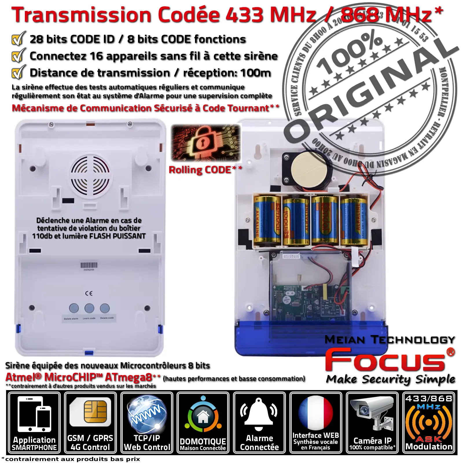 Sirène Meian MD-325R 868 MHz avec modulation ASK et code tournant sécurisé