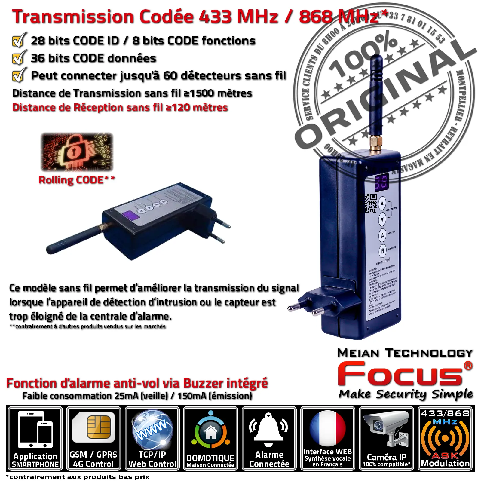Répéteur de Signal PB-204R fiable pour alarmes connectées sans fil