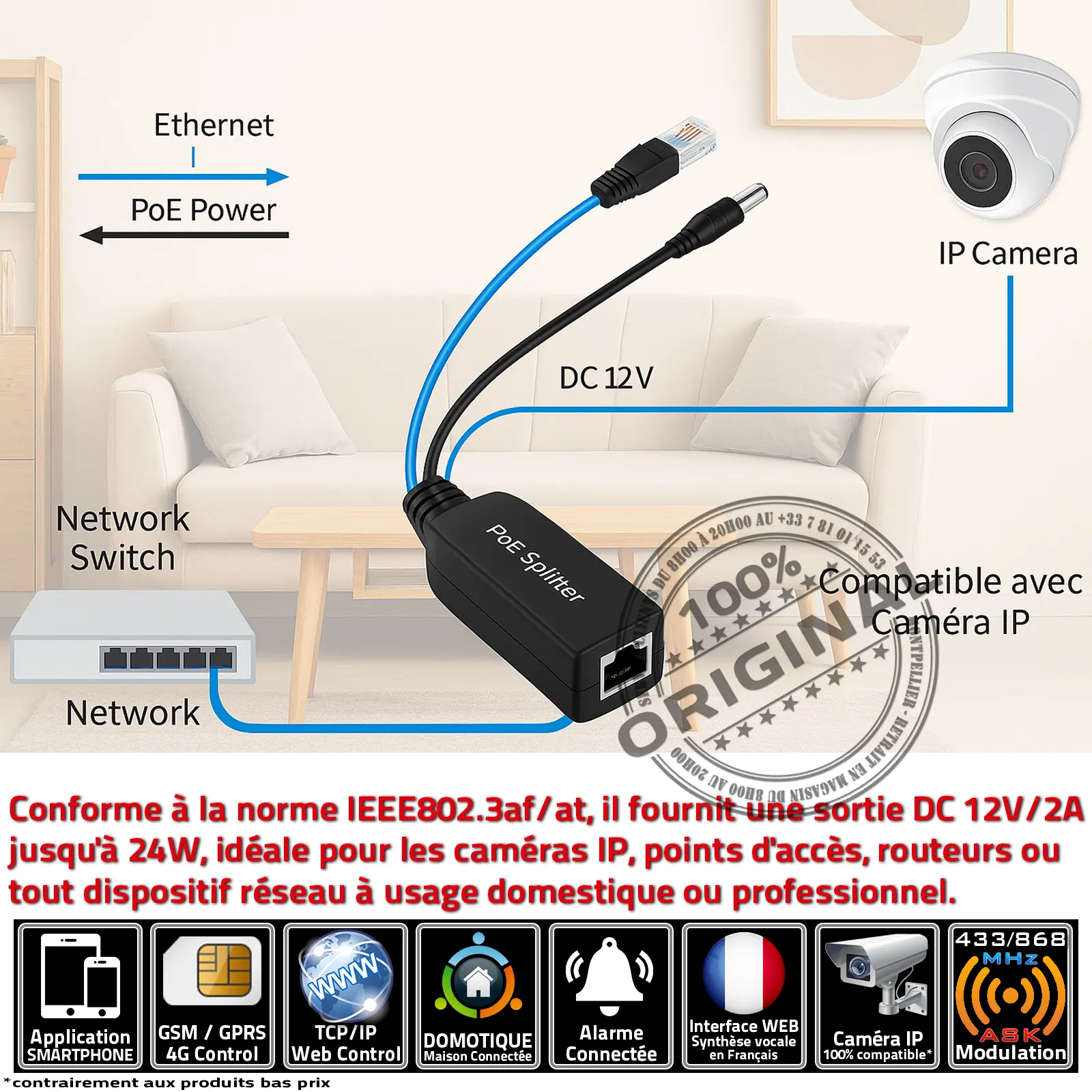Adaptateur PoE 48V 12V montrant alimentation stable pour caméra connectée