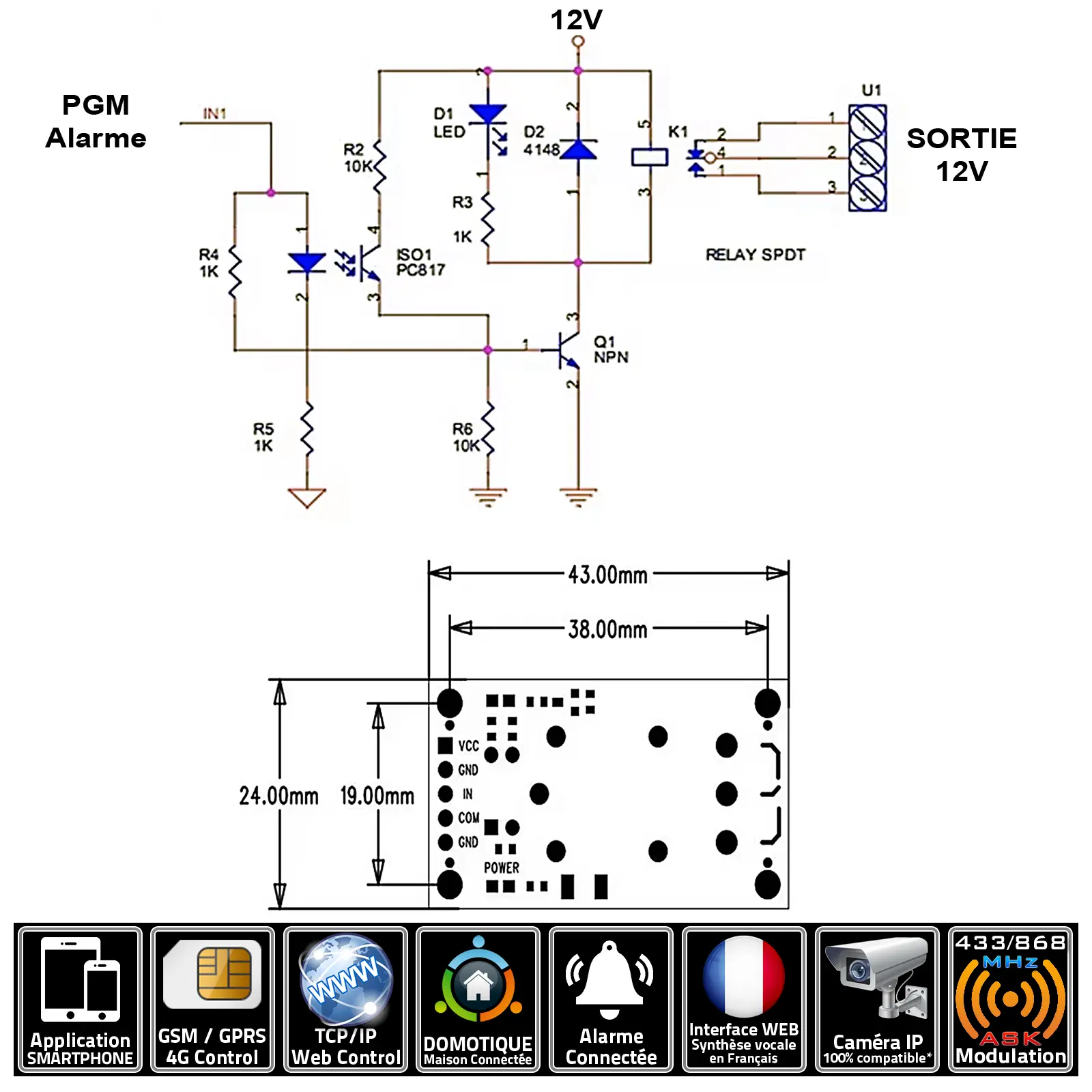 Module relais PGM 12V pour automatisation alarme via sortie PGM programmable
